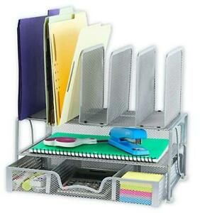 SimpleHouseware Mesh Desk Organizer with Sliding Drawer, Double Tray and Silver