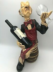 Connoisseur Waiter Butler Sitting on Barrel Statue Wine and Glass Holder ARFD