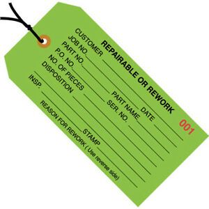 4 3/4&#034; x 2 3/8&#034; &#039;Repairable/Rework&#039; Inspection Tags PreStrung, Green 1000/Case
