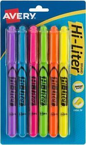 AVERY 23585 Hi-Liter Pen-Style Highlighters, Smear Safe Ink, Chisel Tip, 6 Assor