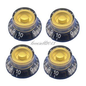 4x Guitar Bass Bell Top Hat Knobs Speed Control Knobs for Les Paul Black w/Gold