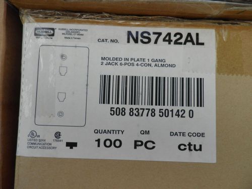 New case of 100~hubbell ns742al~plate~1gang, w/2jks, 6pos, 4con, s/term, almond for sale