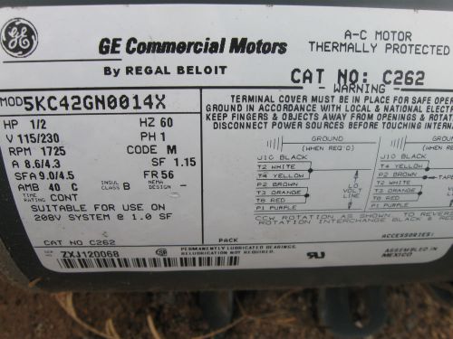 Ge commercial ac motor c262 5kc42gn0014x 1/2 h.p. 115/230 v 1 phase for sale