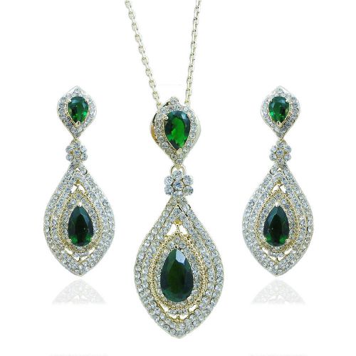 Graceful Drop Necklace Earrings Set Emerald Green Zircon Austrian Crystal