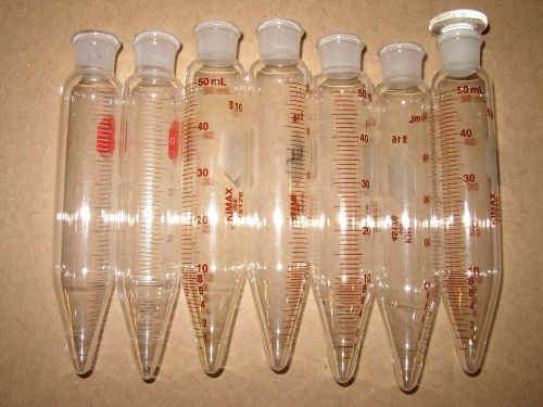 Lot of 7 Kimax 50 ml centrifuge tubes, ground glass, stopper 16.  Model 45176.