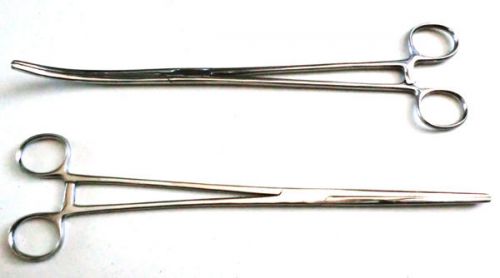 New 2pc Set 12&#034; Straight + Curved Hemostat Forceps Locking Clamps  Stainless