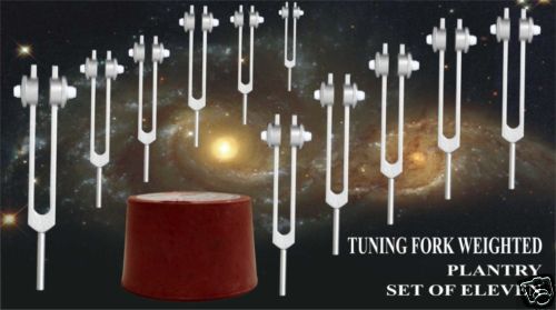Weighted planetary cosmic 11 healing tuning forks w activator &amp; pouch for sale