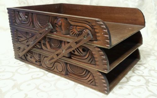 Vtg carved wood tiki  desk solid wood mail organizer office study sorter tray for sale