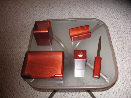 Mahogany Desk Set Of 5 Pieces: Letter Opener, Small Paper Note Holder, Pencil, B