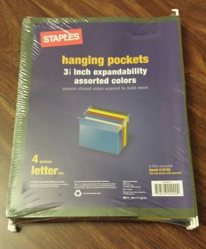 NEW SEALED-STAPLES HANGING FILE POCKETS 3-1/2&#034; LETTER,, 4/PK, ASSORTED COLORS