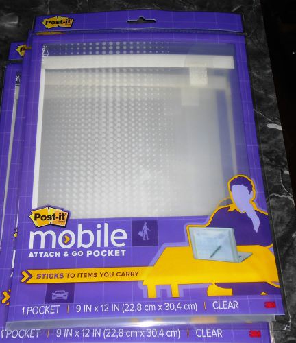 3 POST-IT MOBILE ATTACH &amp; GO FILE POCKETS 9&#034;x12&#034; PM-PLG1-CR CLEAR FLAP CLOSURE