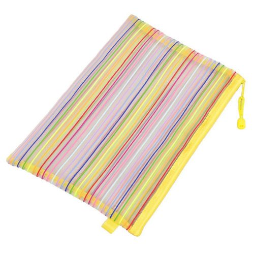 NEW Zip up Nylon Mesh Multicolor Stripes A4 Paper Documents Pen File Bag Folder