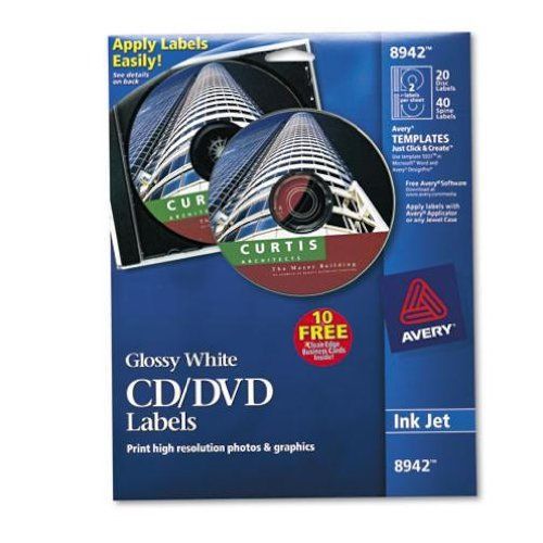 Avery 8942 CD Inkjet Labels, 2 Labels per Sheet, 20 Labels/PK, Glossy White