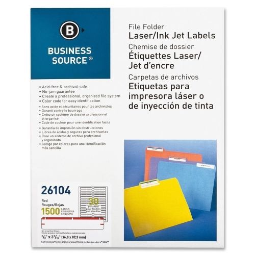 Business Source File Folder Label - 0.66&#034;Wx3.43&#034;L - 1500 / Pack - Red
