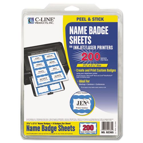 Self-Adhesive Inkjet/Laser Printer Name Badges, 3-3/8 x 2-1/3, Blue, 200/Box