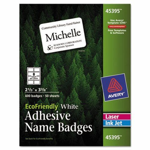 Avery EcoFriendly Name Badge Labels, 2-1/3 x 3-3/8, White, 400/Box (AVE45395)