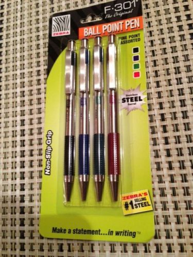New Zebra F-301 Retractable Ballpoint Pens Assorted FINE PT. PACK OF 4 SEALED