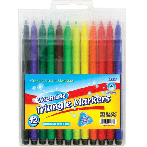 BAZIC 12 Triangle Washable Watercolor Markers, Case of 12