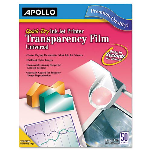 Apollo Inkjet Printer Transparency Film, Clear, 50/Box. Sold as Pack of 50