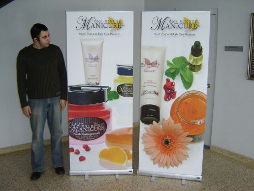 Lot of 2 (two) - retractable trade show banner stands pop up + 2 free prints for sale