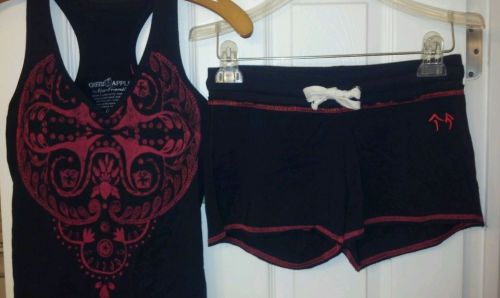 ~Green Apple Black/Red/Coral Bra Tank Top &amp; Shorts Outfit ~ M 6/8 NWT shirt yoga