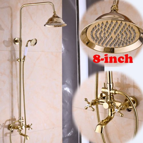 Golden Luxury Wall Mounted Shower Bath Faucet Set Dual Handles &amp; Handheld Shower