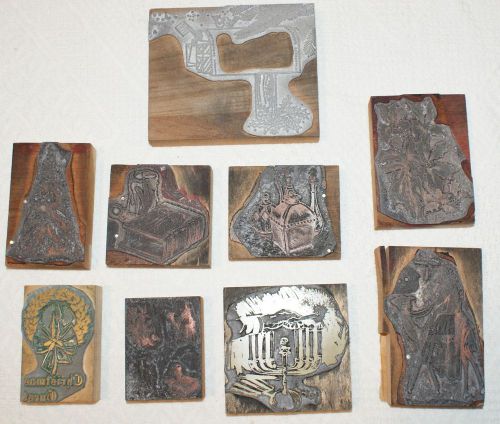 Lot of 9 Vintage Metal &amp; Wood Printing Blocks Christmas Stamps