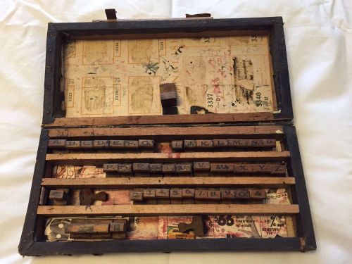 Vintage stamp printing block set with case, wood handles, 32 pc for sale