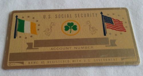 Vintage Social Security Card Brass / Aluminum Metal Irish Flag &amp; U.S. Flag Card
