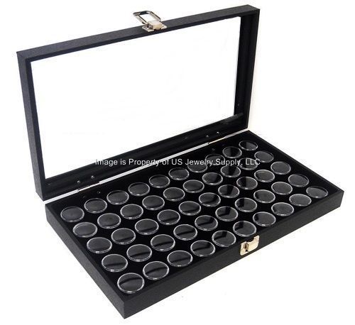 6 Glass Top Lid Black 50 Jar Box Cases Display Gems Body Jewelry Gold Nuggets