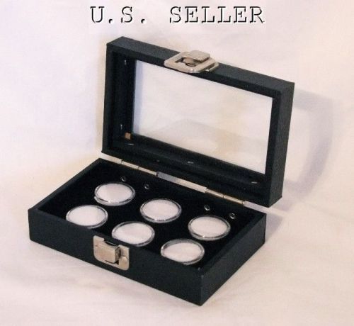 GLASS TOP  DISPLAY CASE WITH 6 GEM JAR INSERT BLACK/WHT JARS