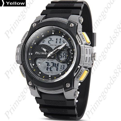 Two time zone analog digital led 2 zones men&#039;s wristwatch free shipping yellow for sale