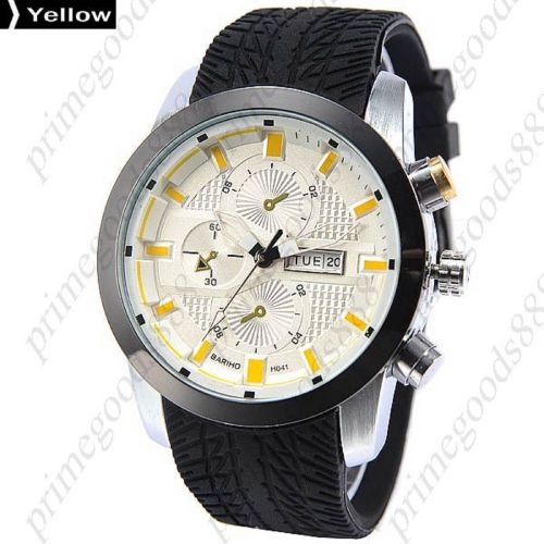 Rubber False Sub Dials Date Analog Japan Quartz Men&#039;s Wrist Wristwatch Yellow