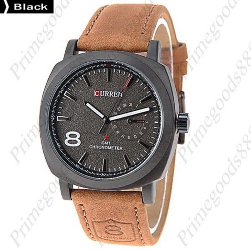 8 round case quartz analog genuine leather wrist men&#039;s wristwatch black face for sale