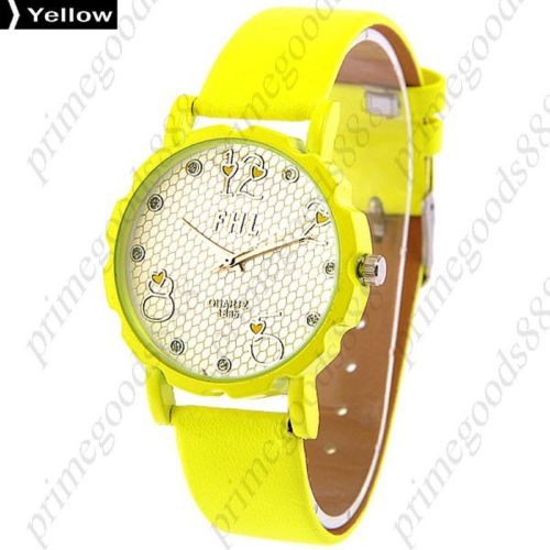 Gear round analog pu leather lady ladies wrist quartz wristwatch women&#039;s yellow for sale