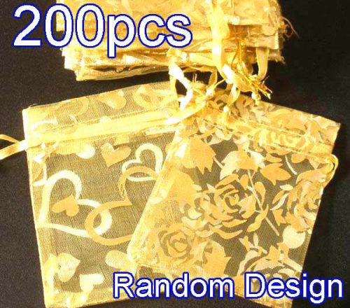 200x Random Design Gold Yellow Organza Bag Pouch for Gift 7x9cm(2.7x3.5&#034;) Acc