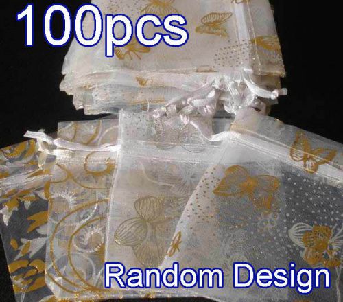 100Pcs White Pattern Drawstring Organza Flare Wedding Gift Pouch Bag 2.7x3.5&#034;