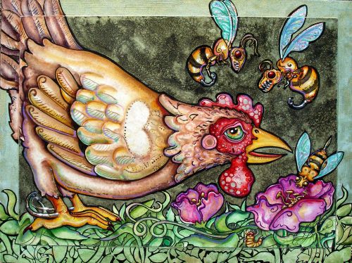 Lisa Luree art Original CHICKEN &amp; BEES painting rooster ooak hen READY TO HANG!