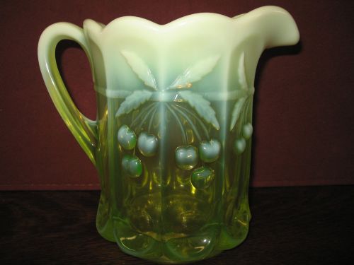 Vaseline Opalescent Glass cherry and cable pattern water serving pitcher uranium