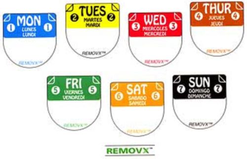 Food Rotation Label Dot Box Monday-Sunday, 1&#034; Circle Trilingual 4 per Box (28)