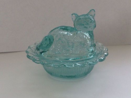 Aqua Blue Glass Cat In Basket Dish, Salt Cellar