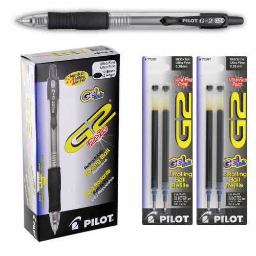 Pilot G2 Retractable Gel Ink Pens Ultra Fine Point 0.38mm Black 12/Pack w/Refill