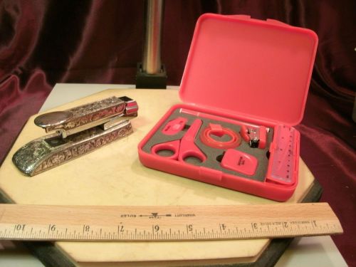 Vtg Retro Office Decorative Metal Stapler &amp; Mini Office Supply Box