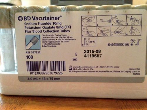 100 pack bd vacutainer plus blood collection tubes &#034;gray tops&#034; 4.0ml ref 367922 for sale