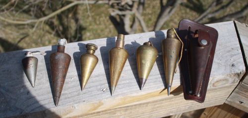 LOT OF 6 DIFFERENT PLUMB BOBS BRASS STEEL IRON LEATHER CASE