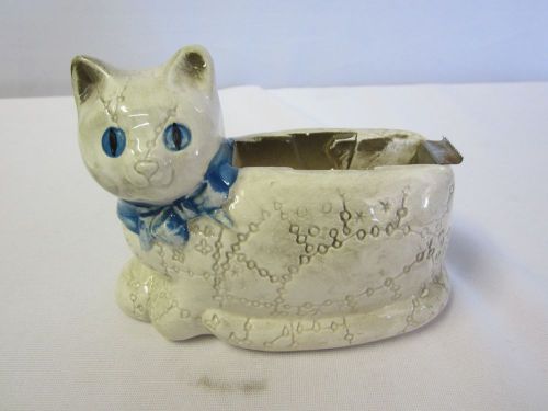 1980 hol taiwan glazed pottery &#034;cat&#034; tape dispenser blue / off white for sale