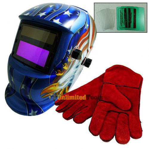 Durable Welding Gloves &amp; Eagle Auto Dark Welding Helmet Safety Protector ANSI CE