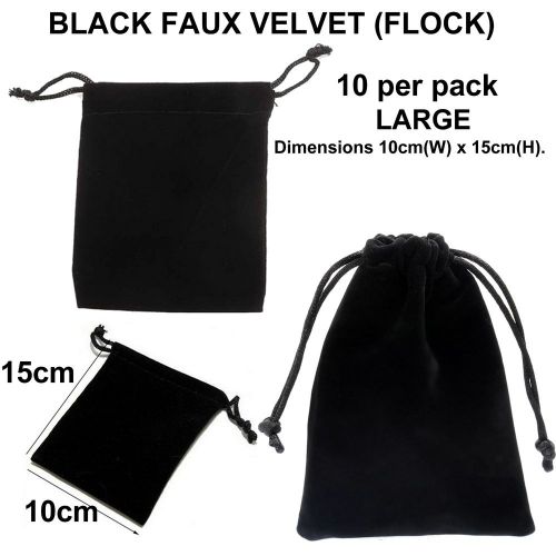 Pack of 10 large Black Velvet Jewellery Drawstring Gift Bag Flock 15 x 10cms
