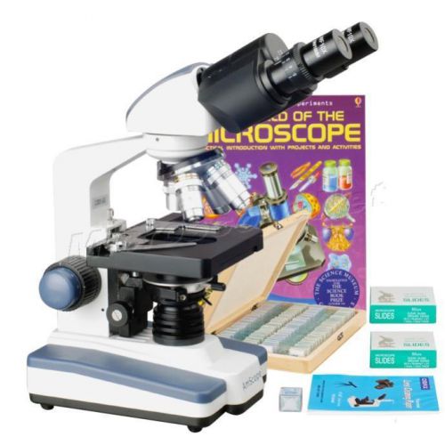 2500X LED Compound Binocular Microscope+Book+Prepared &amp; Blank Slides+3D Stage