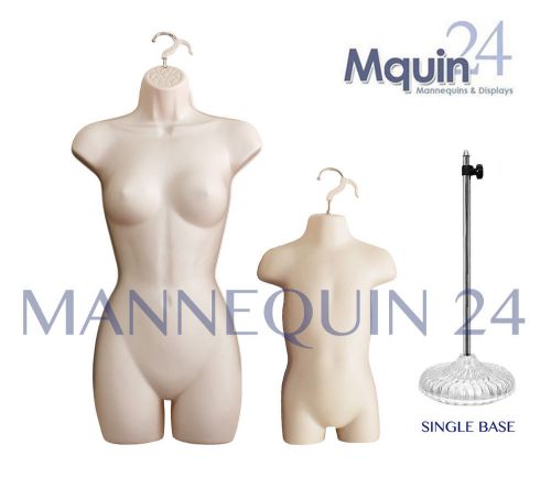 A SET of FEMALE &amp; TODDLER MANNEQUINS in FLESH + 1 STAND + 2 HANGERS DRESS FORMS